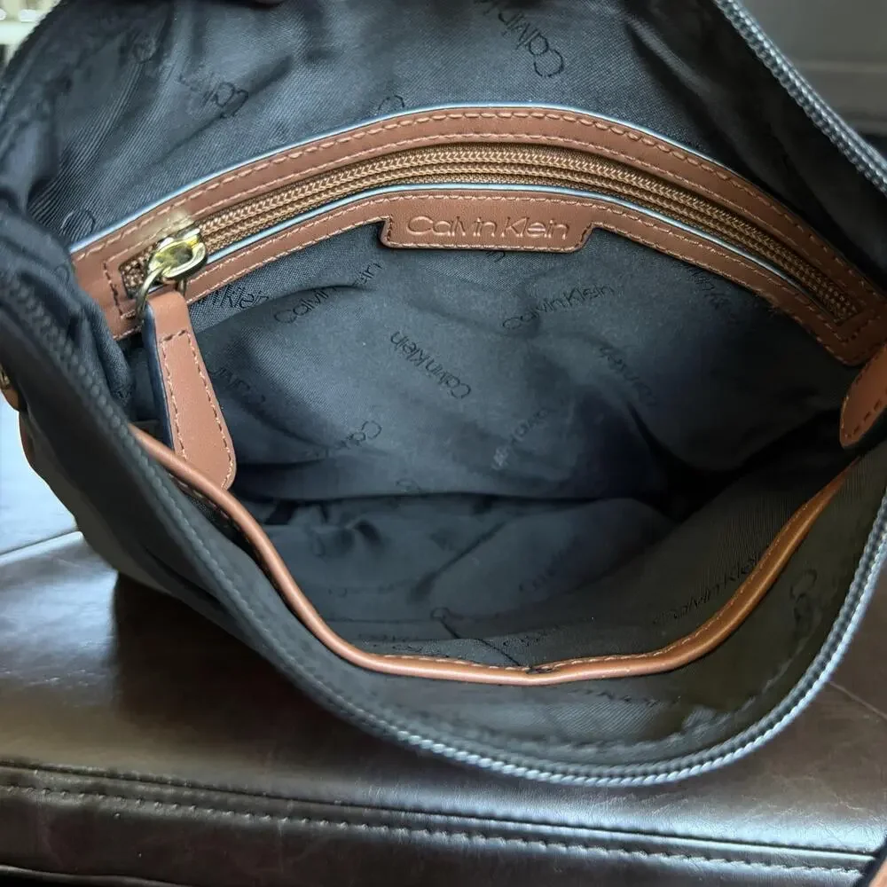 Calvin Klein Crossbody Bag Womens Medium Black Nylon Brown Trim Zip Pocket